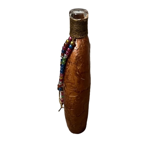 NWOT Glass bottle Face art paper mache with beads Strings, Brown - Picture 4 of 9
